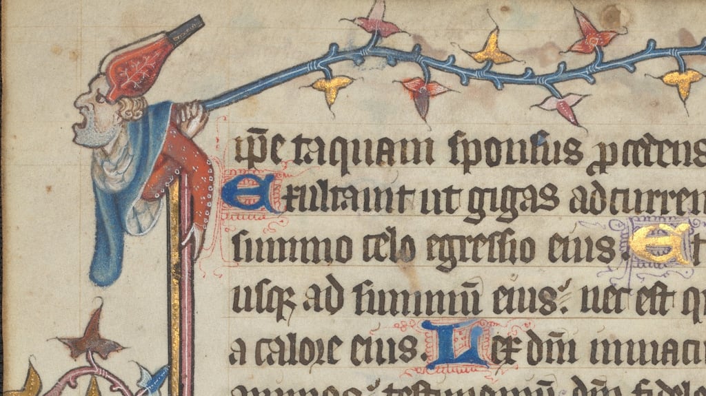 A man with a pair of bellows on his head and several reptilian beasts adorn the frame of Psalms 18 and 19 in this fourteenth century Psalter. Copyright: The Board of Trinity College Dublin