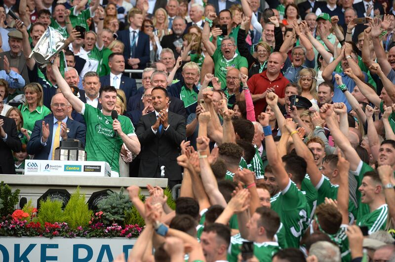 Declan Hannon lifts Liam McCarthy after Limerick's triumph over Galway in the 2018 All-Ireland SHC final at Croke Park. They subsequently swept home in the league the following year. Photograph: Dara Mac Dónaill/The Irish Times