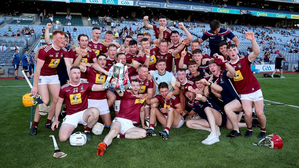 Westmeath celebrate their Joe McDonagh Cup final win over Kerry. Photograph: Ryan Byrne/Inpho