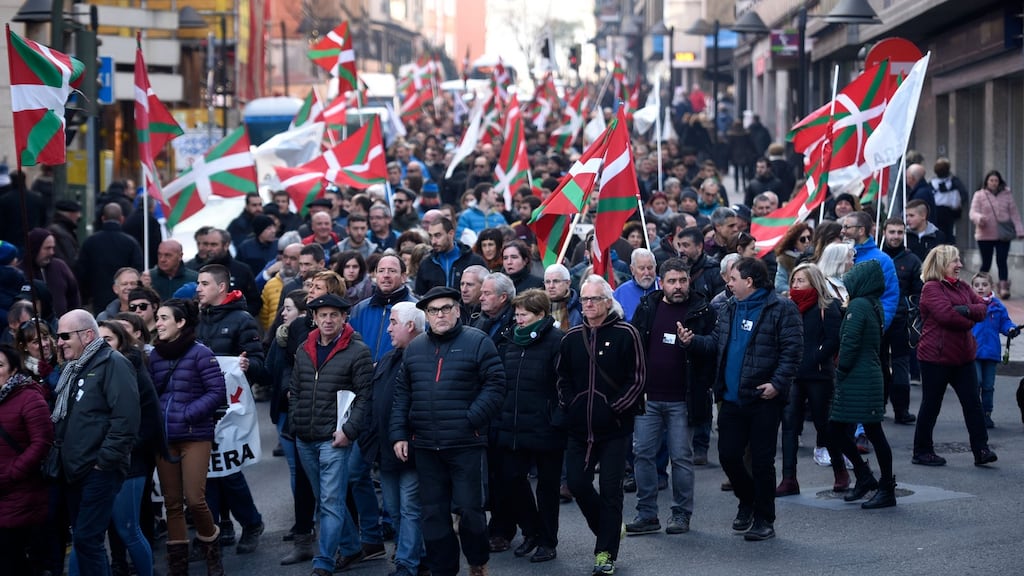 People holding Basque flags take part in a demonstration demanding the release of prisoners affiliated to the separatist group Eta in Basauri on December 31st, 2018. Photograph: Ander Gillenea/AFP via Getty