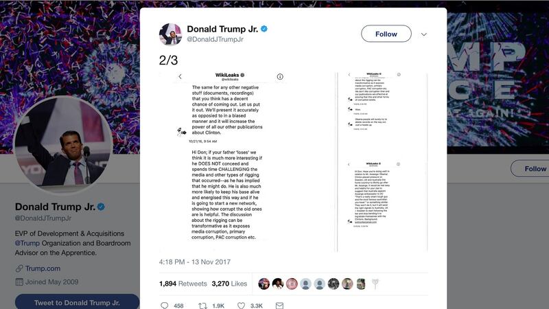 This image of Donald Trump Jr’s Twitter account shows a series of direct messages he received from the Twitter account behind the WikiLeaks website, including his responses to the communications, which he posted on Monday, Nov. 13, 2017. Photograph: AP