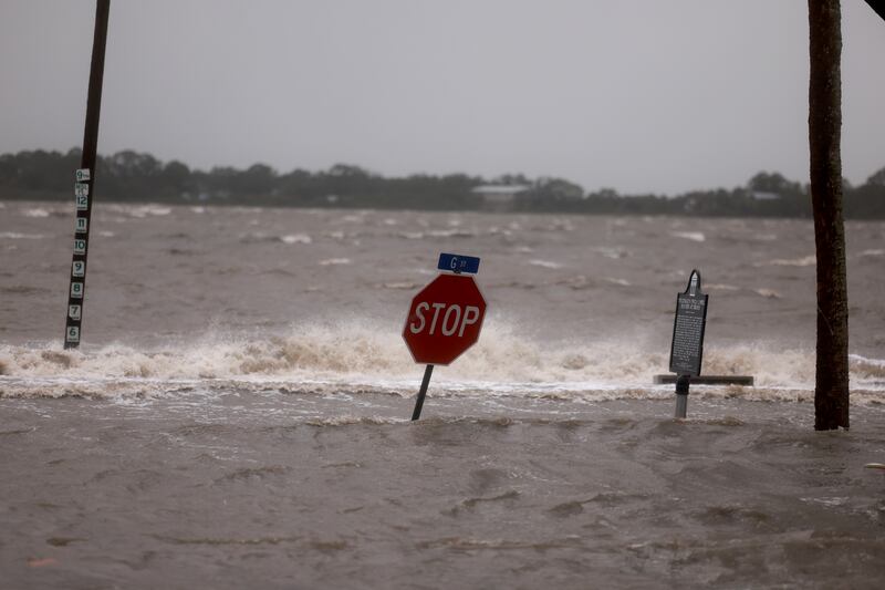 Rain and storm surge from Hurricane Debby inundate a neighbourhood in Cedar Key, Florida, on Monday. Photograph: Joe Raedle/Getty