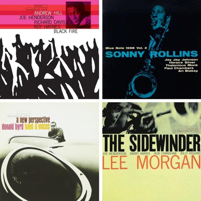 Blue Note covers: Black Fire, by Andrew Hill; Sonny Rollins Vol 2; A New Perspective, by Donald Byrd; and The Sidewinder, by Lee Morgan