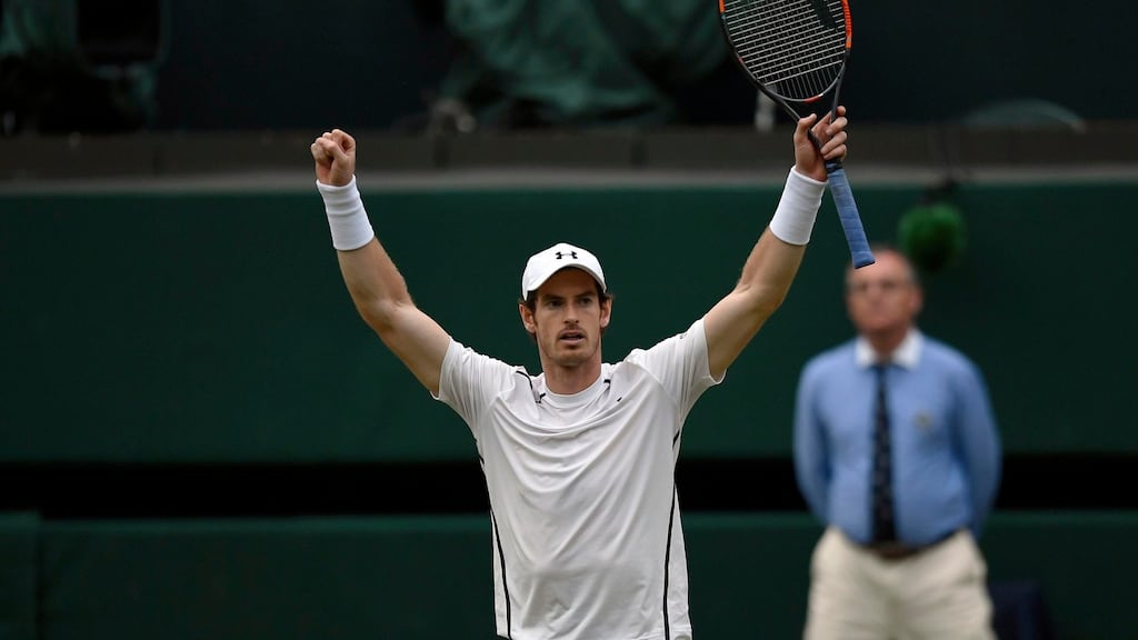Andy Murray celebrates winning his match against France’s Jo-Wilfried Tsonga at Wimbledon. Photo: Reuters