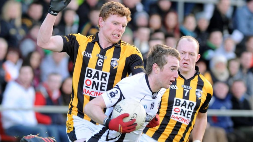 Paul Devlin with Crossmaglen’s Garvan Carragher and Danny O’Callaghan at the drawn quarter-final. Photograph: INPHO/Presseye/Declan Roughan