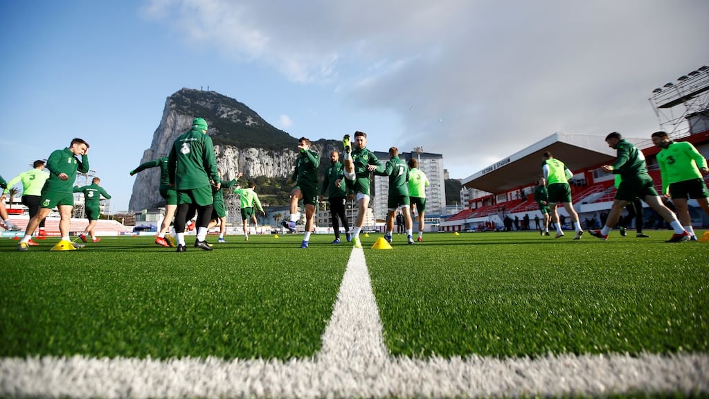 The Republic of Ireland training at the Victoria Stadium in Gibraltar. Photograph: Peter Cziborra/Reuters