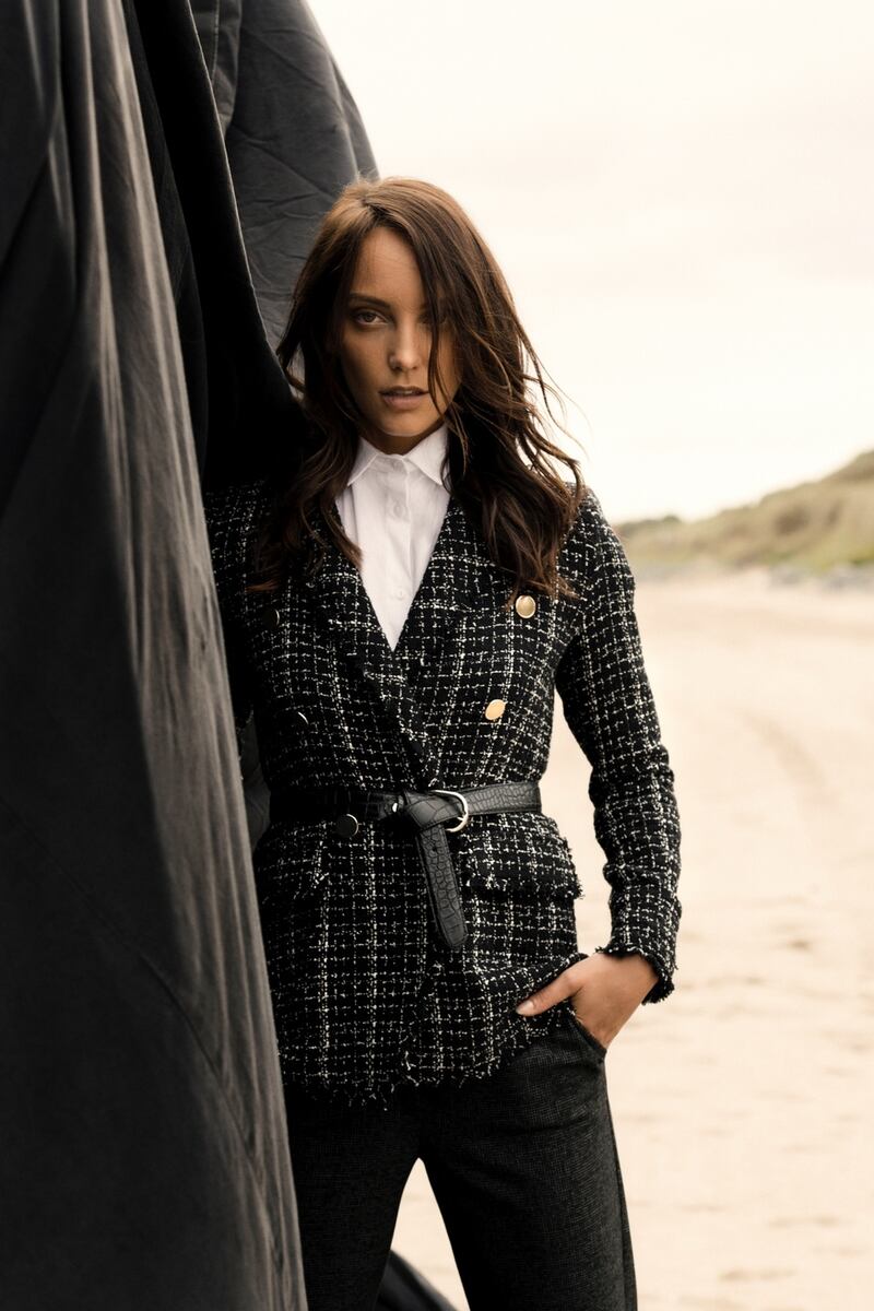 Black tweed blazer €187, oversize white shirt €79.95, straight leg black trouser €99