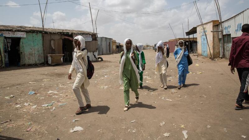 Children walk to school in Shagarab camp, eastern Sudan. Photograph: Sally Hayden
