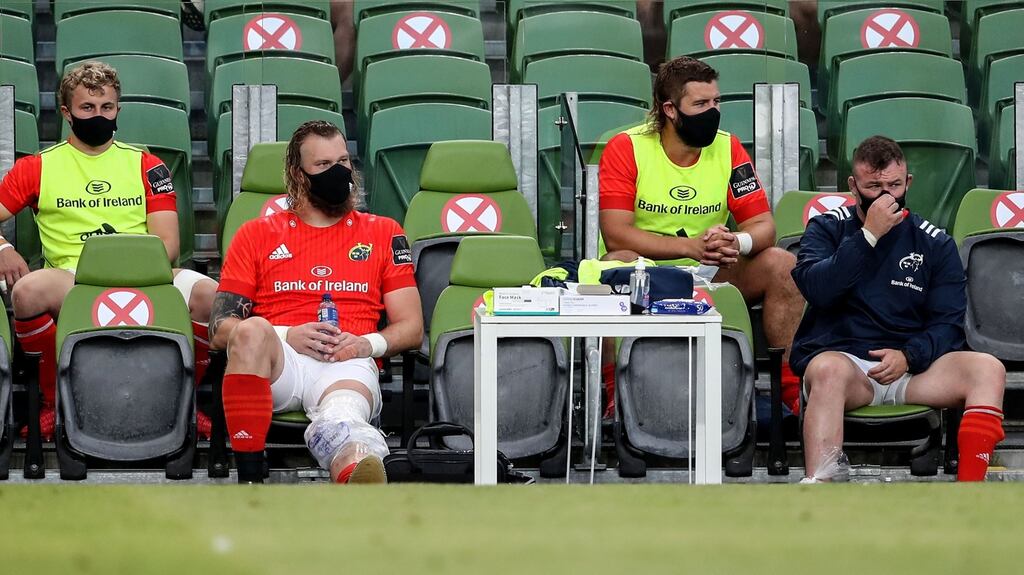 RG Snyman ices his knee during Munster’s defeat to Leinster. Photograph: Dan Sheridan/Inpho