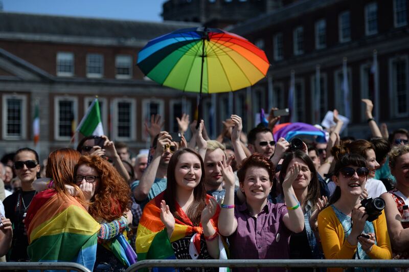 Helen McCarthy, Dee Campbell, Erin Reddy and Aisling Tierney watching the results come in at Dublin Castle. Photograph: Dara Mac Dónaill/The Irish Times
