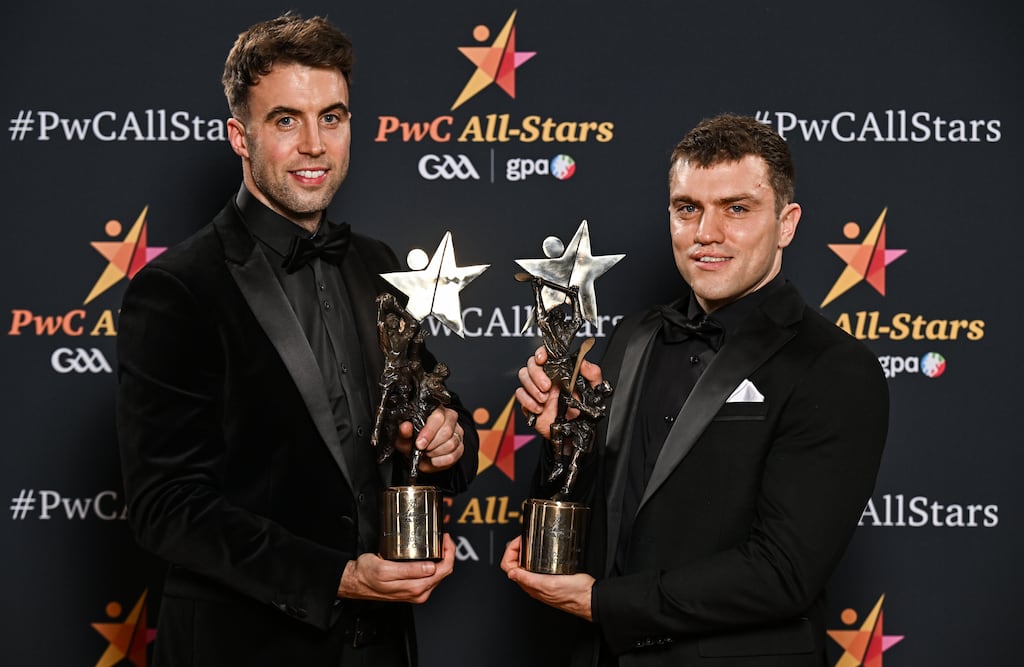 Paul Conroy of Galway (left) and Shane O’Donnell of Clare with their PwC GAA/GPA All-Star Player of the Year awards. Photograph: Sam Barnes/Sportsfile