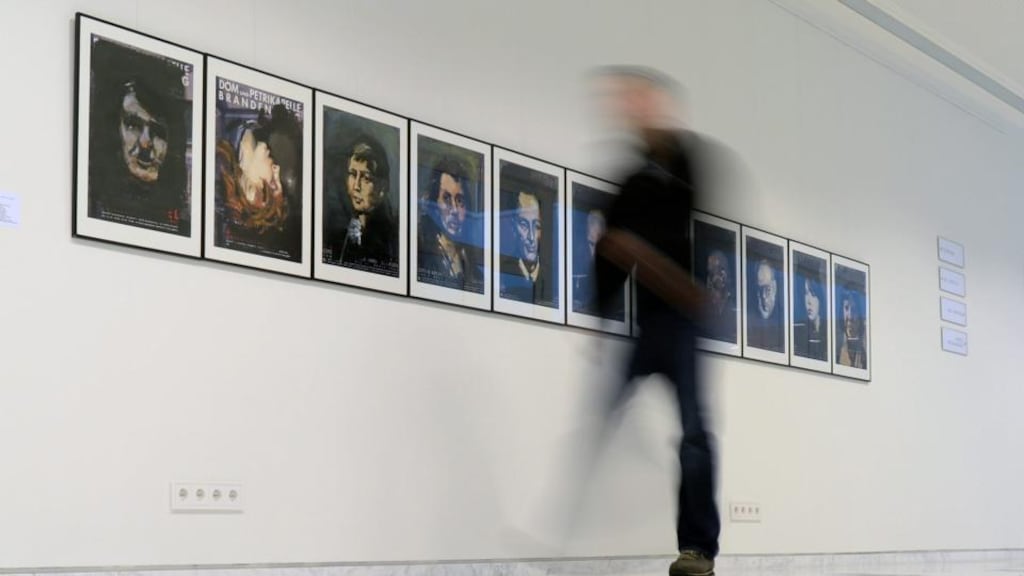 Some 112 paintings by Berlin artist Lutz Friedel are currently on display at the new state parliament in Potsdam, Germany. Amongst the pictures are portraits of former German Chancellors Helmut Schmidt and Konrad Adenauer, but also of dictator of Nazi Germany Adolf Hitler and Nazi Minister of Propaganda Joseph Goebbels. Photograph: EPA