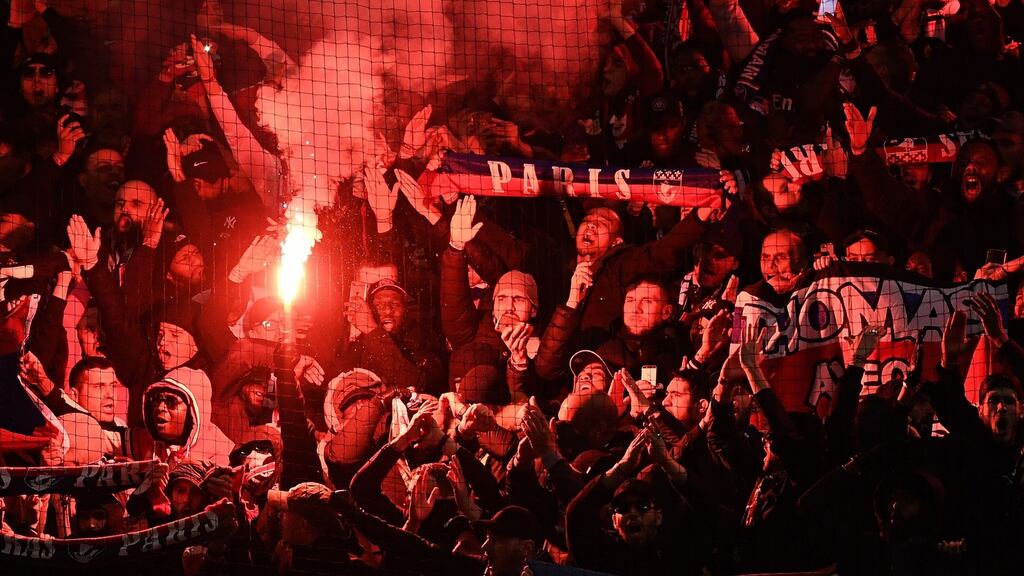 PSG fans in buoyant mood during the victory over Manchester United at Old Trafford. In contrast the dominant note at English Premier League grounds is a negative one of snark and shade. Photograph: Franck Fife/AFP/Getty