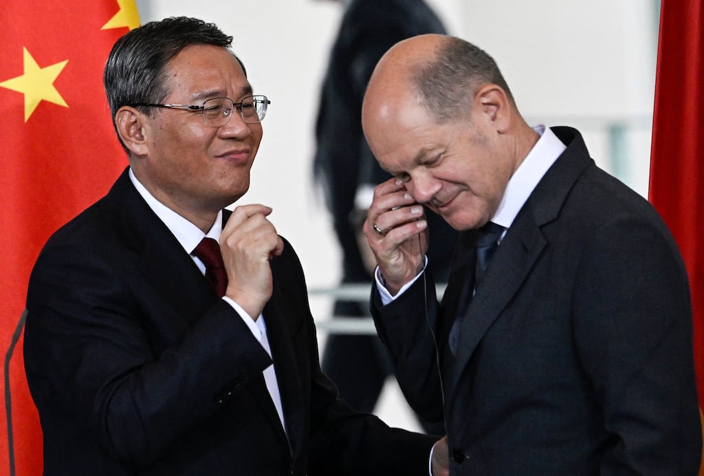 German chancellor Olaf Scholz with China's prime minister Li Qiang at the end of a press conference after German-Chinese economy consultations. Photograph: Tobias Schwarz/Getty Images