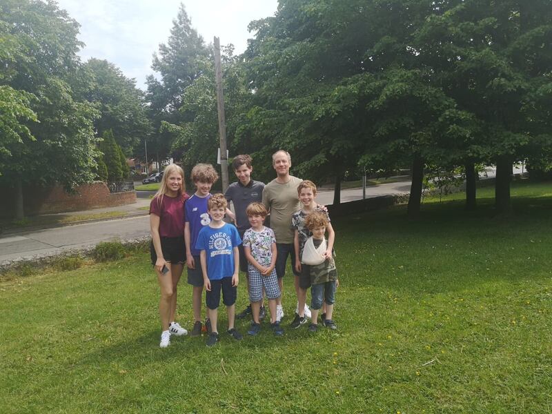Paul Hogan with his seven children, ranging in age from four to 19: (back row, from left) Chloe, Jamie, Adam, Paul and Luke and (front row from left) Zach, Tobey and Noah