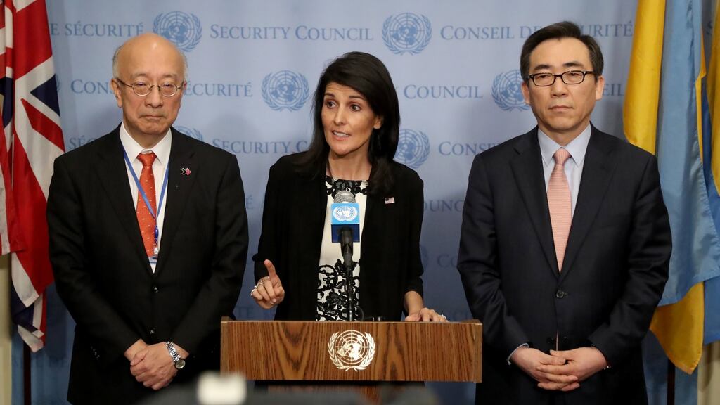 Japan’s ambassador to the United Nations Koro Bessho, US ambassador Nikki Haley and South Korea’s ambassador Oh Joon speak about the threat to world security posed by North Korea at the UN headquarters in New York on Wednesday. Photograph: Andrew Gombert/EPA