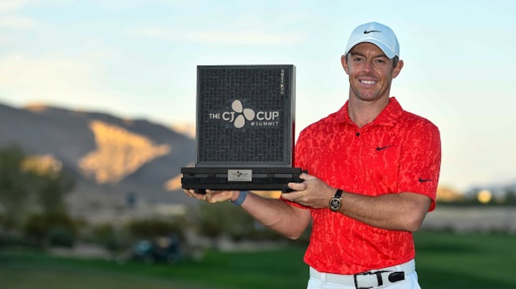 Rory McIlroy celebrates with the trophy after winning during the final round of the CJ Cup in Las Vegas. Photograph: Alex Goodlett/Getty Images