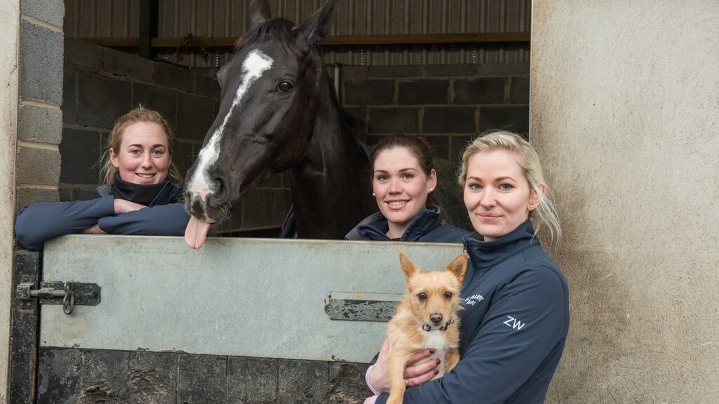 From left: Camilla Sharples, Mary Nugent and Zoe Winston (with Lily the dog), pictured with racehorse Don Cossack at Gordon Elliott’s stables in Cullentra, Co Meath. Photograph: Barry Cronin
