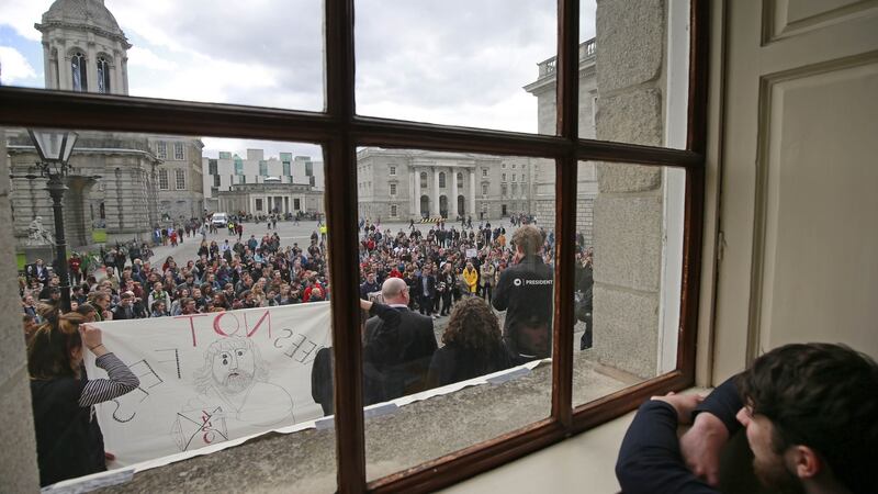 Students protest in TCD during the “Take Back Trinity” protests earlier this year. Photograph: Nick Bradshaw