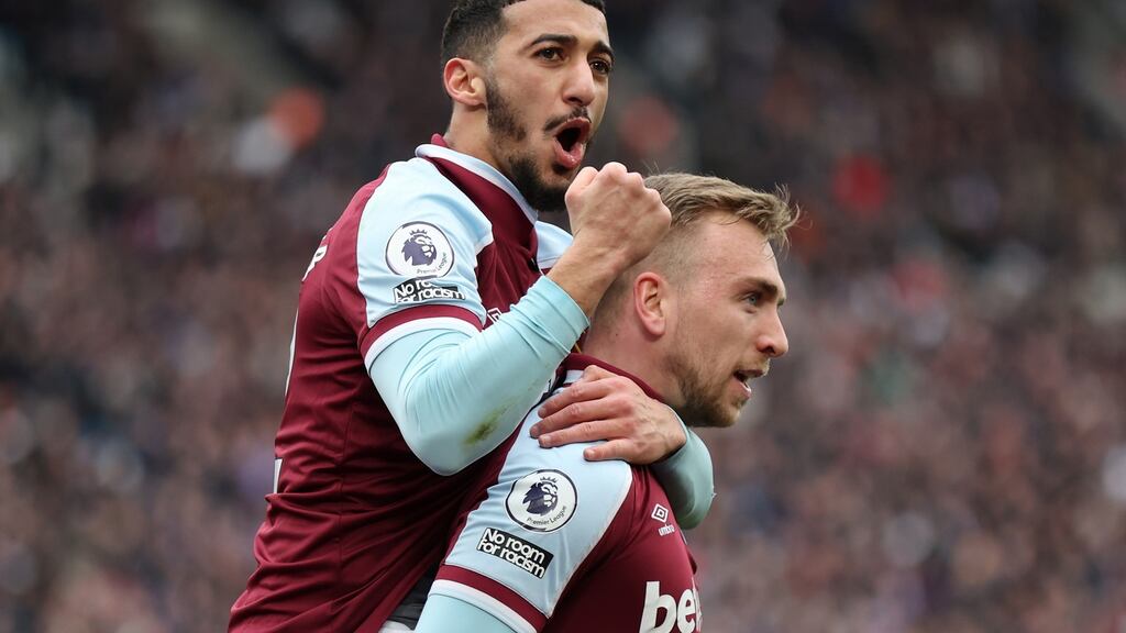 Jarrod Bowen of West Ham United celebrates with teammate Said Benrahma during  Premier League match between West Ham United and Everton. Photograph:  Julian Finney/Getty