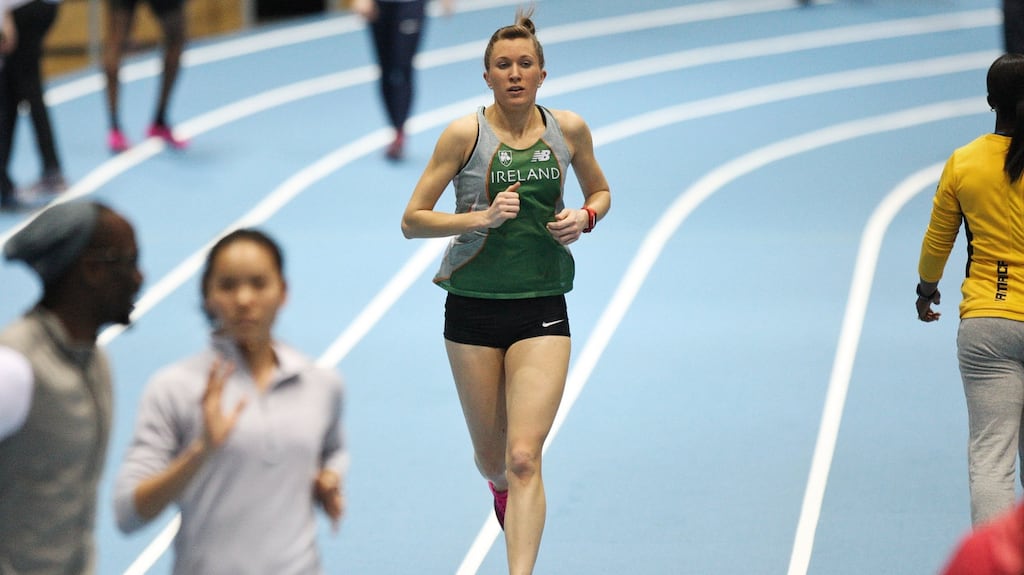 Rose-Anne Galligan runs in the heats of the 1,500m at the World Indoor Athletic Championships in Portland, Oregon on Friday. Photograph: Adam Jastrzebowski/Inpho