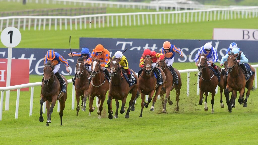 Hermosa and Ryan Moore on the way to winning the  Tattersalls Irish 1,000 Guineas at the Curragh. Photograph: PA Wire