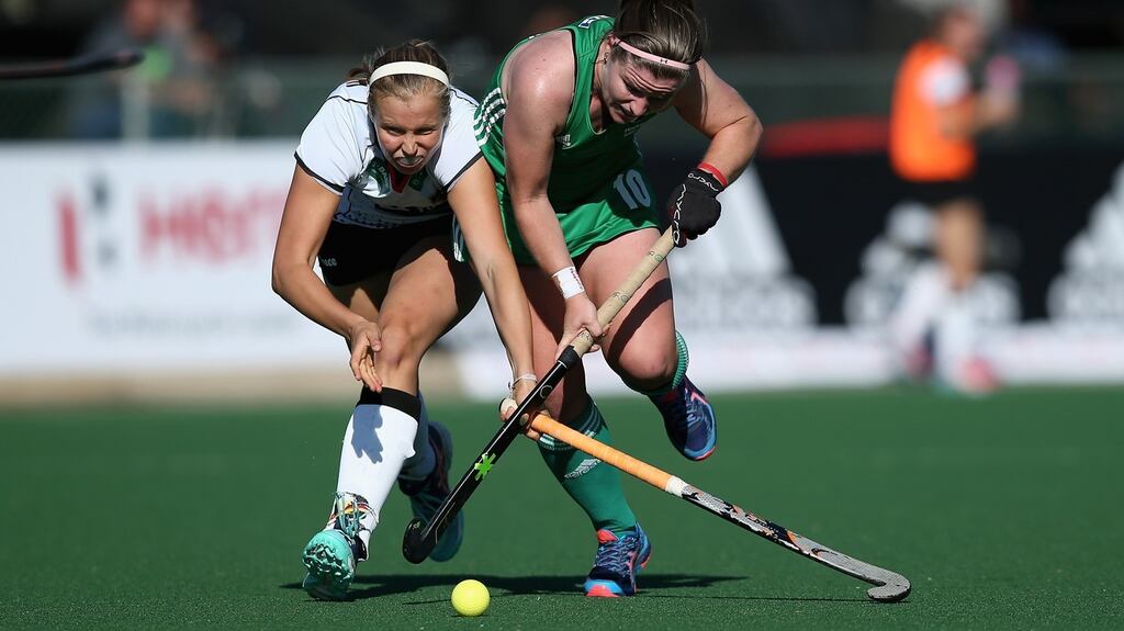 Cecile Pieper of Germany and Shirley McCay of Ireland battle for possession during day 2 of the FIH Hockey World League Semi Finals Pool A match  at Wits University  in Johannesburg. Photograph: Jan Kruger/Getty Images for FIH