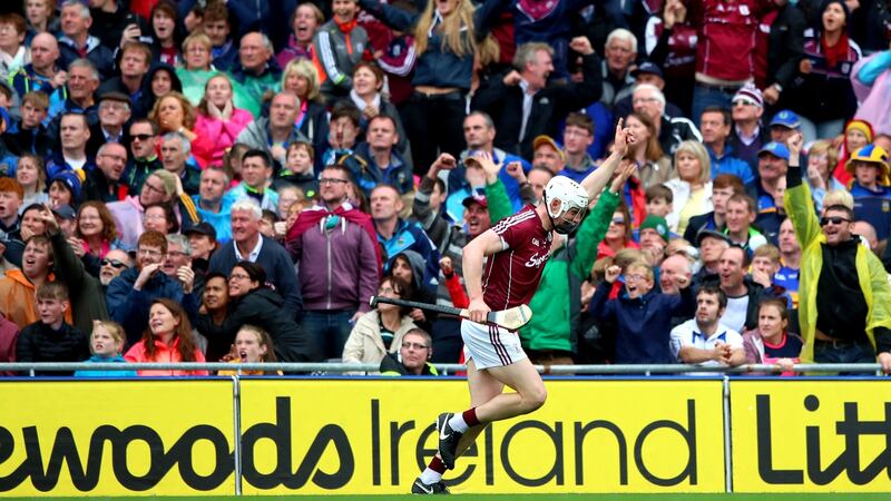Joe Canning celebrates his match-winning point in the 2017 All-Ireland SHC semi-final against Tipperary at Croke Park. Photograph: James Crombie/Inpho