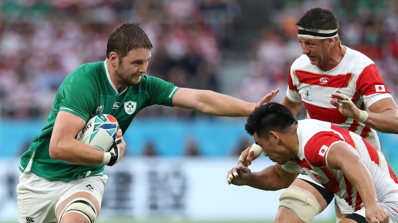 Ireland’s Iain Henderson in action during the Rugby World Cup 2019 Group A game against Japan at Ecopa Stadium in Fukuroi. Photograph: Stu Forster/Getty Images