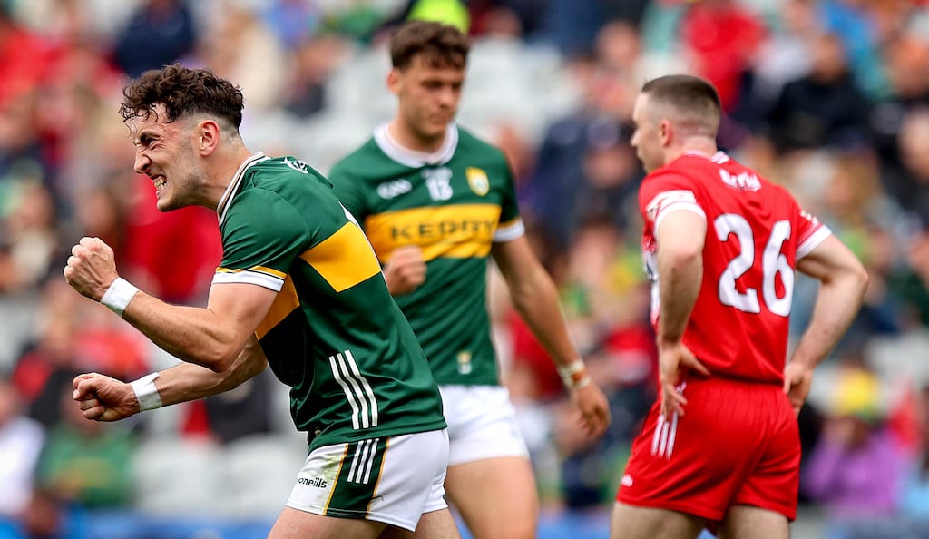 Kerry’s Paudie Clifford celebrates at the final whistle after his side's All-Ireland SFC quarter-final win over Derry. Photograph: Ryan Byrne/Inpho