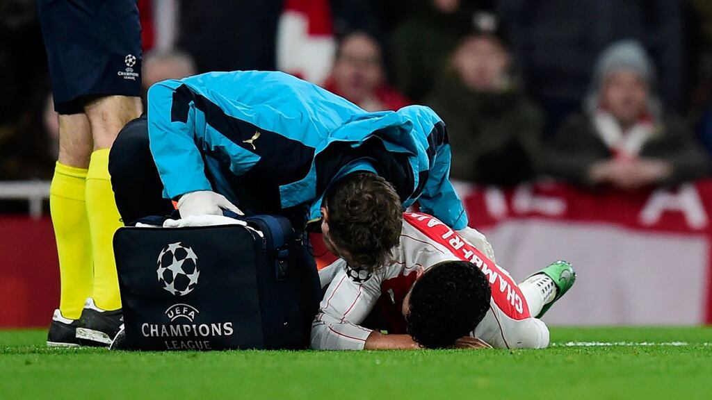 Alex Oxlade-Chamberlain is facing up to seven weeks out with a knee injury. Photograph: Afp