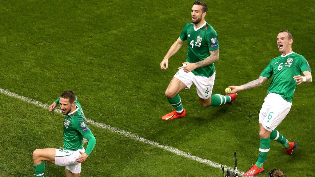 Ireland’s Conor Hourihane celebrate scoring a goal with Shane Duffy and Glenn Whelan during the Euro 2020 win over Georgia. Photo: Bryan Keane/Inpho