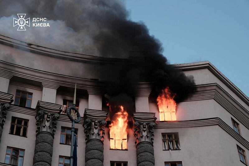 Smoke rises from a fire at the cabinet of ministers building in Kyiv. Photograph: Ukrainian Emergency Service via AP