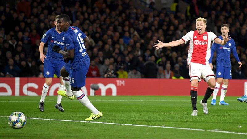 Donny van de Beek scores Ajax’s fourth against Chelsea. Photograph: Mike Hewitt/Getty
