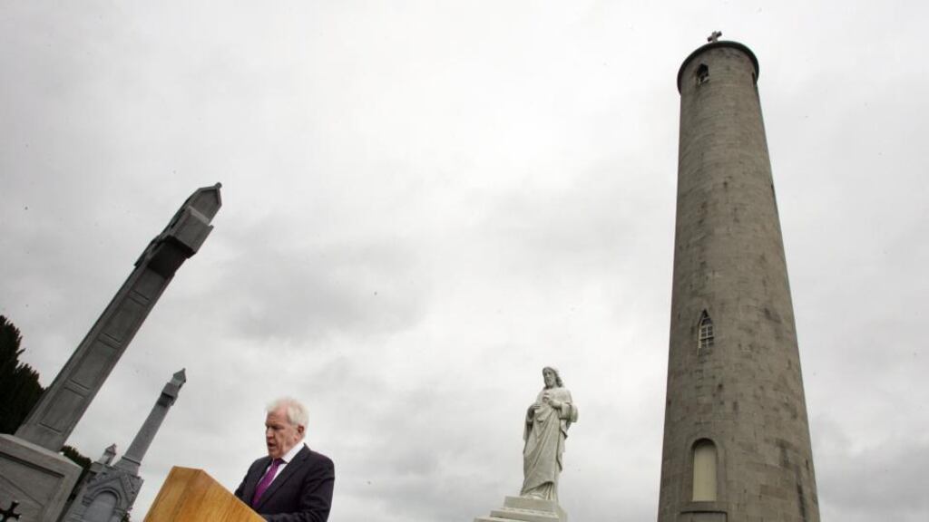Jimmy Deenihan, Minister for Arts, Heritage and Gaeltacht Affairs, addressing a Daniel O’Connell Commemoration ceremony near the O’Connell Tower in Glasnevin Cemetery. Photograph: Alan Betson / THE IRISH TIMES