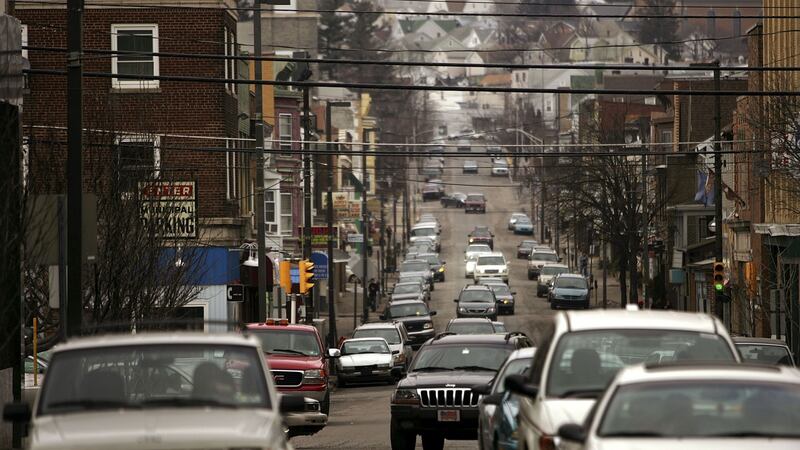 Downtown Hazleton, Pennsylvania: in St Gabriel’s cemetery, Irish miner Condy Breslin rests in undisturbed peace. Photograph: Spencer Platt/Getty Images