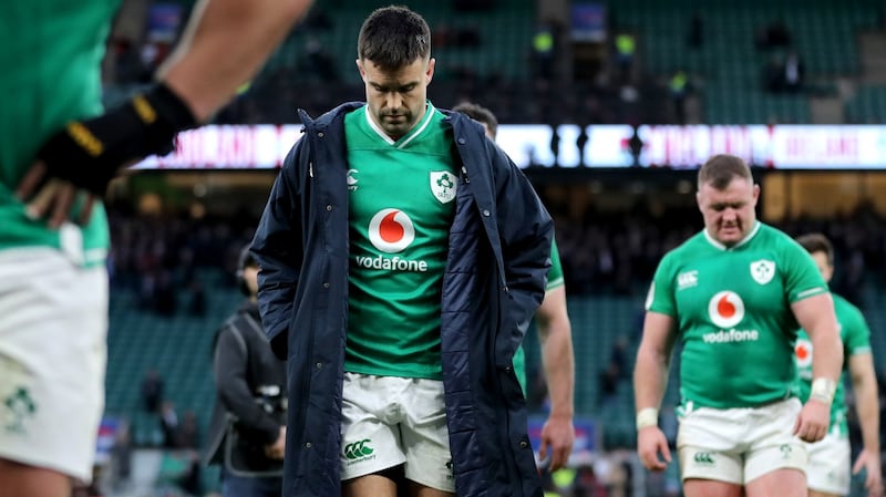 Ireland’s Conor Murray dejected after Ireland’s 24-12 defeat to England at Twickenham. Photograph: James Crombie/Inpho
