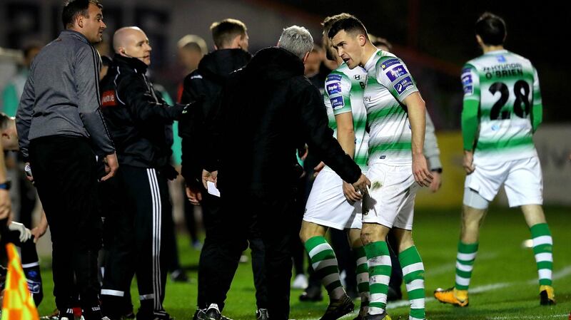 Aaron Greene argues with Bohemians’ manager Keith Long after being sent off. Photograph: Ryan Byrne/Inpho