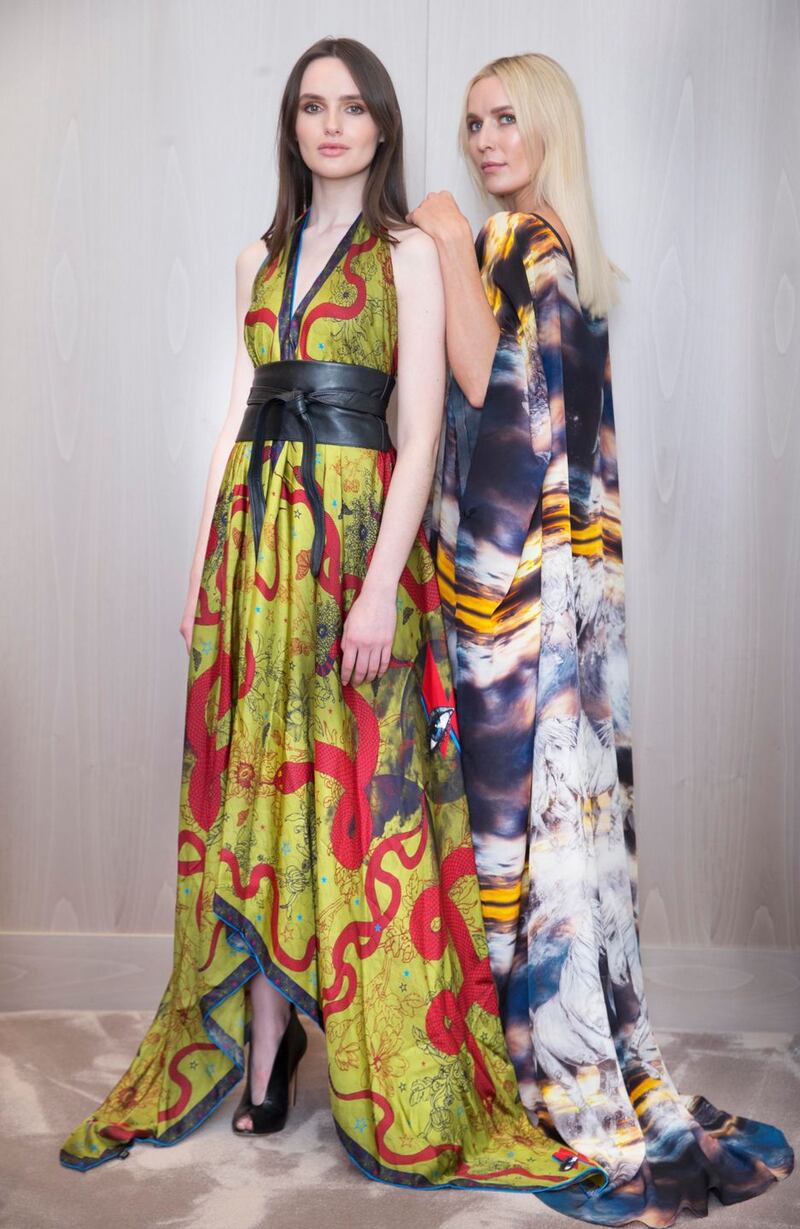 Create 2019: Maria Traynor wears a halter dress (€600) by Sara O’Neill; and Teodora Sutra wears a cape (€790) by Sara O’Neill. Photograph: Leon Farrell/Photocall