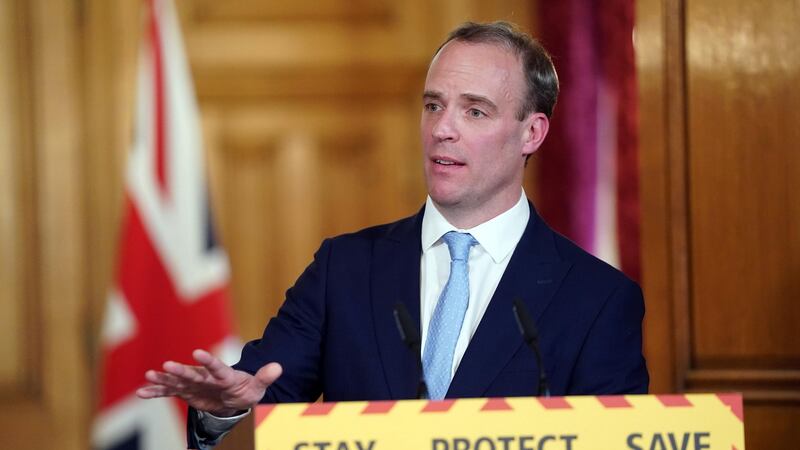 Britain’s foreign secretary Dominic Raab during a digital Covid-19 press conference at 10 Downing Street. Prime minister Boris Johnson remains in St Thomas’s Hospital in London. Photograph: Pippa Fowles/10 Downing Street