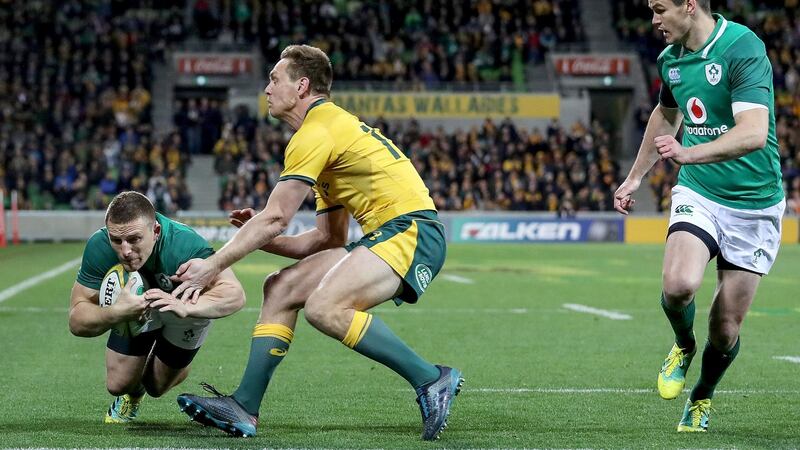 Andrew Conway scores Ireland’s first try during last Saturday’s Test match. Photo: Dan Sheridan/Inpho