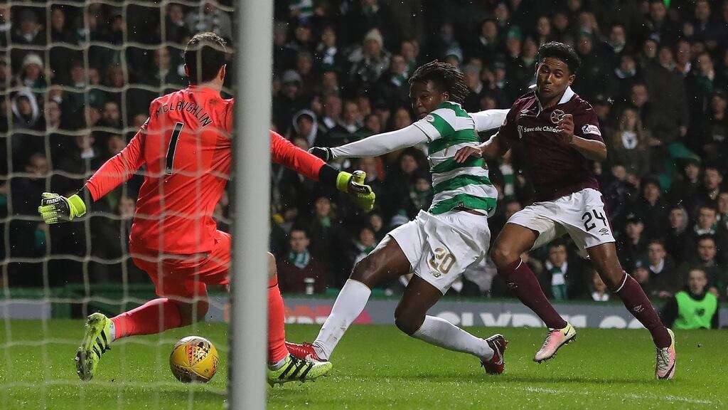 Dedryck Boyata scores Celtic’s second goal during the Scottish Premiership match against Hearts at Celtic Park. Photograph: Ian MacNicol/Getty Images