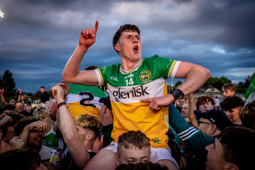 Offaly captain Cian McNamee celebrates after their win over Louth in the Leinster minor football final at St Conleth's Park in Newbridge. Photograph: Morgan Treacy/Inpho