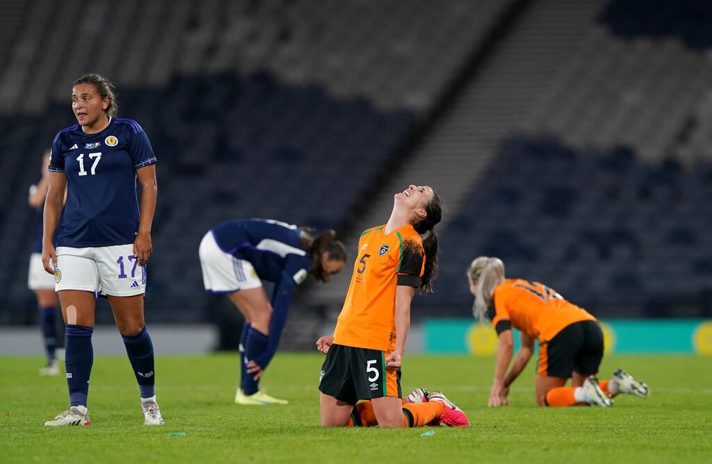Niamh Fahey celebrates after the Republic of Ireland's victory over Scotland in the World Cup play-off at Hampden Park, Glasgow. Photograph: Andrew Milligan/PA Wire/PA Images