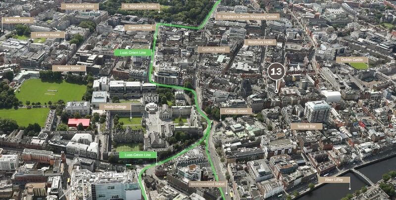 Aerial view showing the location of 13 Trinity Street in Dublin 2
