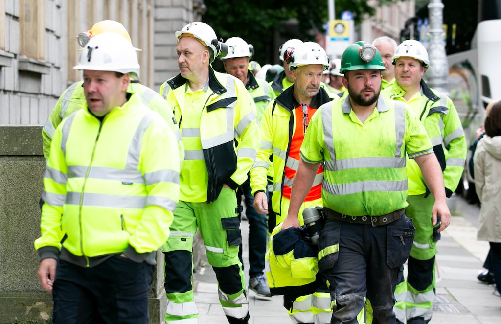 Tara Mines workers during a protest over its temporary closure outside Leinster House last year. Photograph: Gareth Chaney/Collins Photos