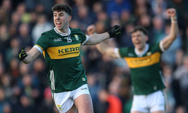 Dylan Geaney celebrates scoring a goal for Kerry against Armagh. Photograph: Leah Scholes/Inpho