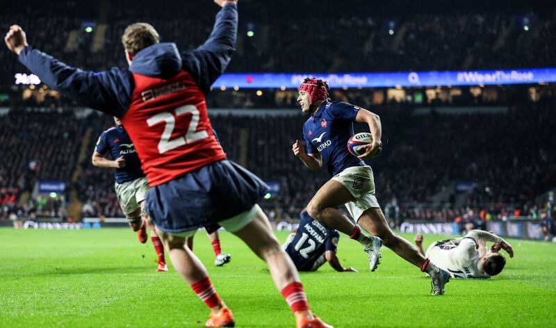 France’s Louis Bielle Biarrey runs in a late try during an epic Test against England at Twickenham. But France's poor handling cost them another two or three tries. Photograph: Andrew Fosker/Inpho