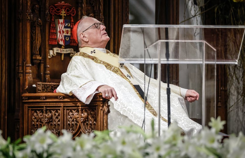 Cardinal Timothy Dolan, archbishop of New York, pauses during a Mass for the late Pope Francis at St Patrick's Cathedral in New York on Tuesday. Photograph: Kena Betancur/AFP via Getty Images