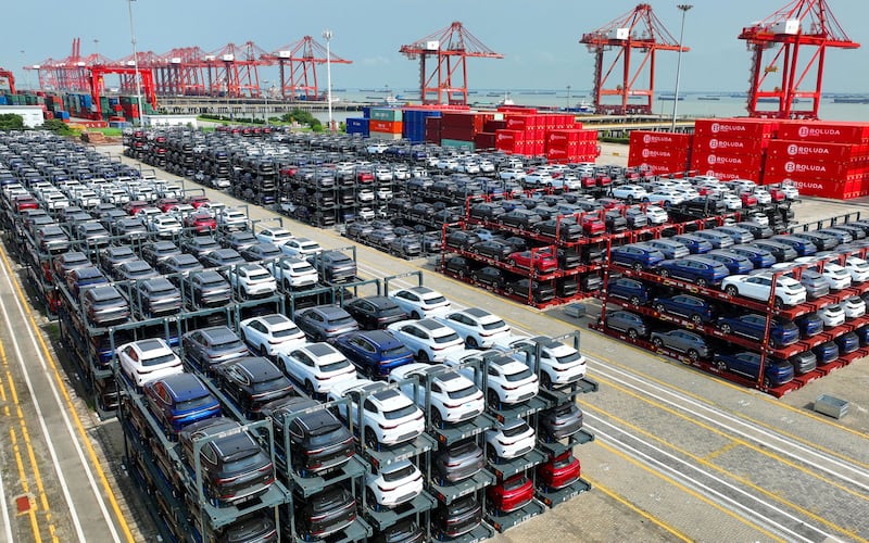 BYD electric cars waiting to be loaded on a ship are stacked at the international container terminal of Taicang Port at Suzhou Port, in China's eastern Jiangsu Province. Photograph: AFP via Getty Images